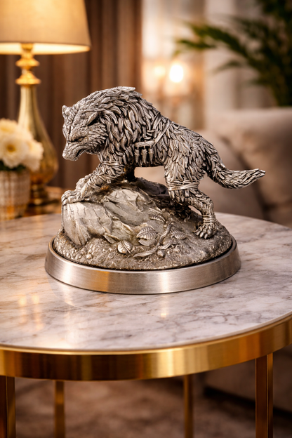 Silver wolf statue on a marble table with a blurred background