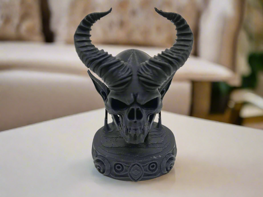 Dark elf skull bust with menacing demon horns - dark fantasy art decor for collectors