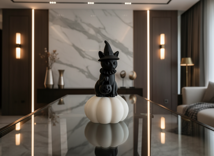 Decorative black cat figurine on a white pumpkin in a modern interior setting.