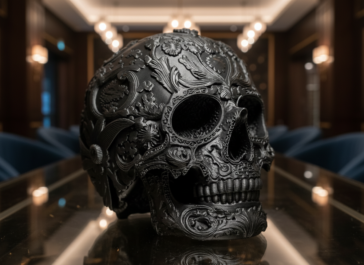 Decorative black skull with intricate designs on a reflective surface.