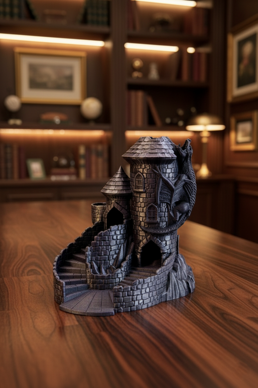 Decorative castle sculpture on a wooden surface with a bookshelf background