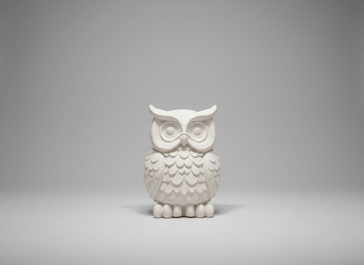 Decorative owl sculpture on a glass table in a stylish interior setting with shelves and lights.