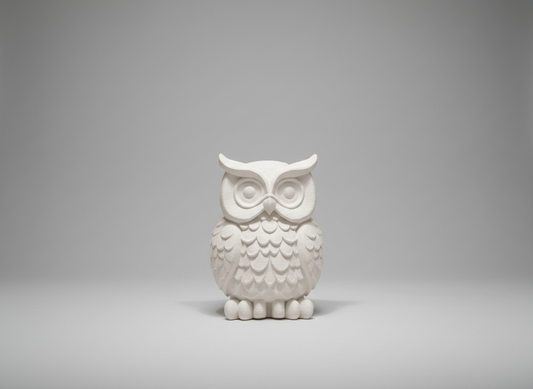 Decorative owl sculpture on a glass table in a stylish interior setting with shelves and lights.