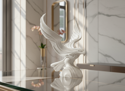Decorative sculpture in a modern interior setting with marble walls and a mirror.