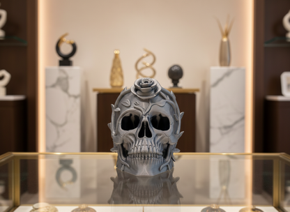 Decorative skull with floral details on a glass display case