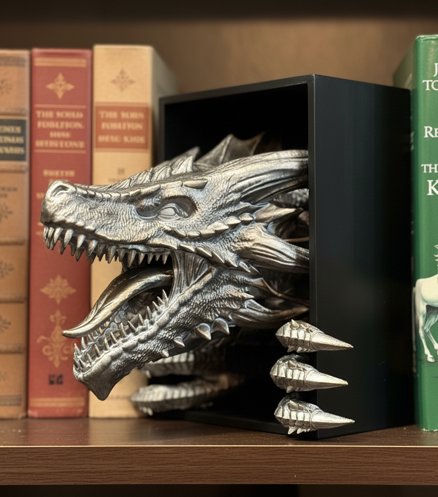 Silver Dragon Head Bookend Close-Up - Fantasy Books Shelf Decor Collectible