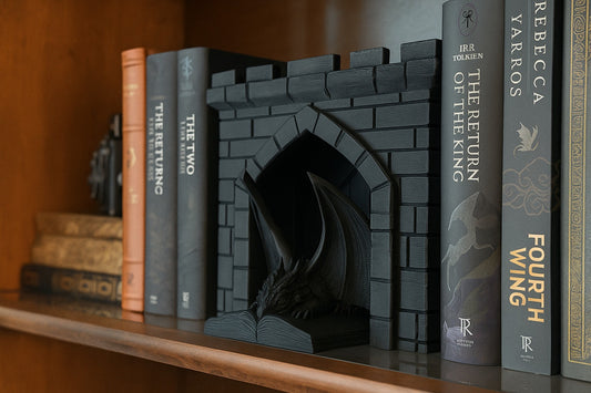 Bookend shaped like a dragon in a castle gate 