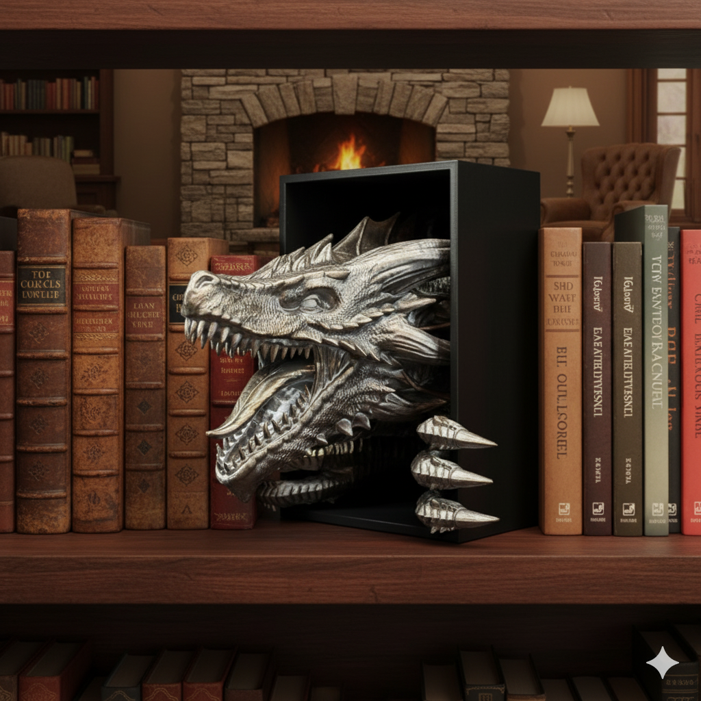 Dragon's Lair Book Nook - Silver Dragon Head Fantasy Bookshelf Miniature Scene Decoration
