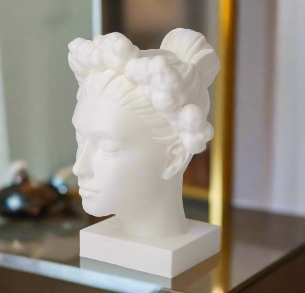 Serene white feminine bust sculpture with cloud-shaped crown design for elegant home decor