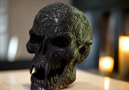 Engraved Vampire Skull Monument - Gothic Horror Showpiece with Black and Gold Decorative Designs