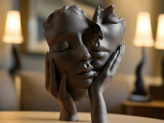 Black PLA resin abstract sculpture of two intertwined faces, modern poetic art for Indian homes and contemporary interior decor