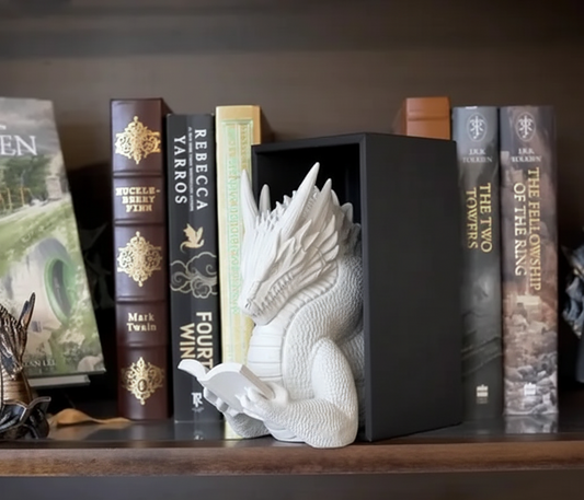 Fantasy dragon reading book nook miniature scene with literary decor figurine