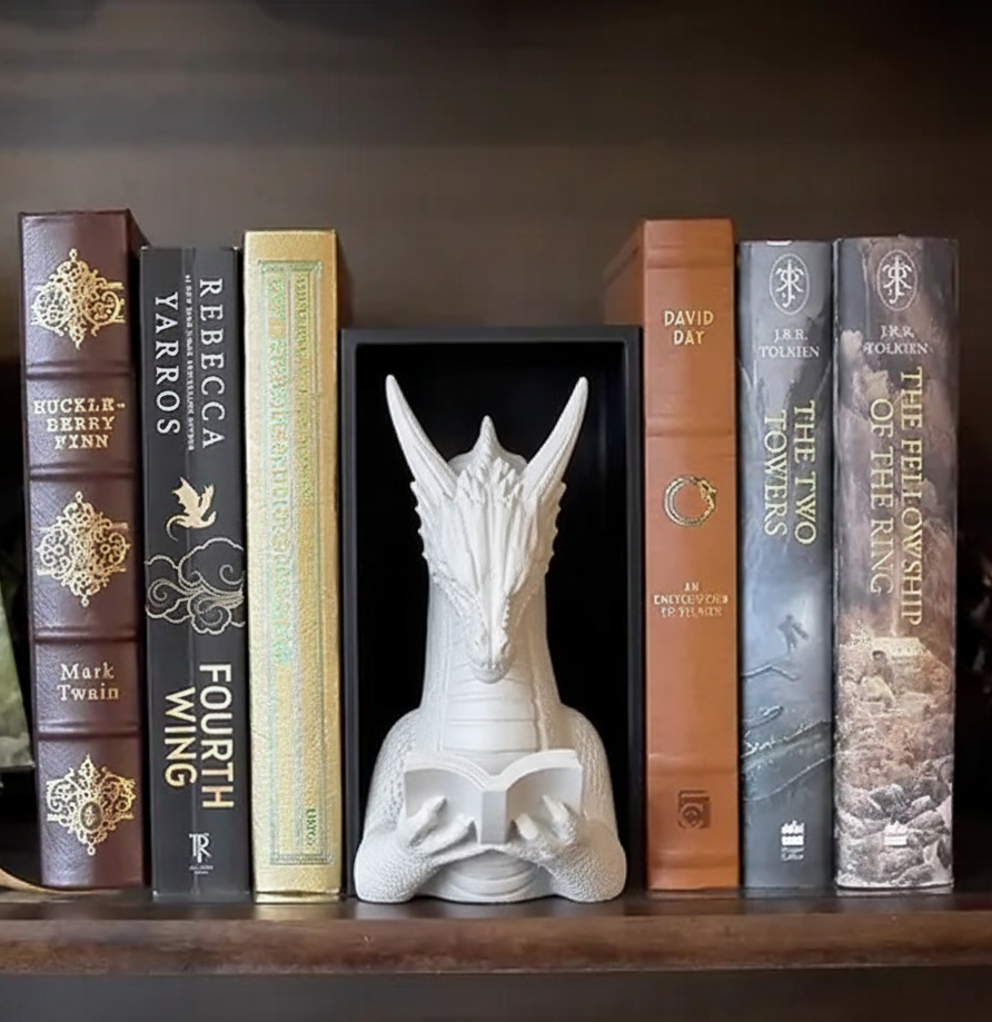 Dragon sculpture bookend with literary books on shelf collectible figurine
