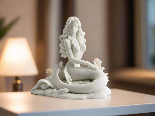 White PLA resin mermaid figurine for Indian home decor, mythological ocean-inspired sculpture