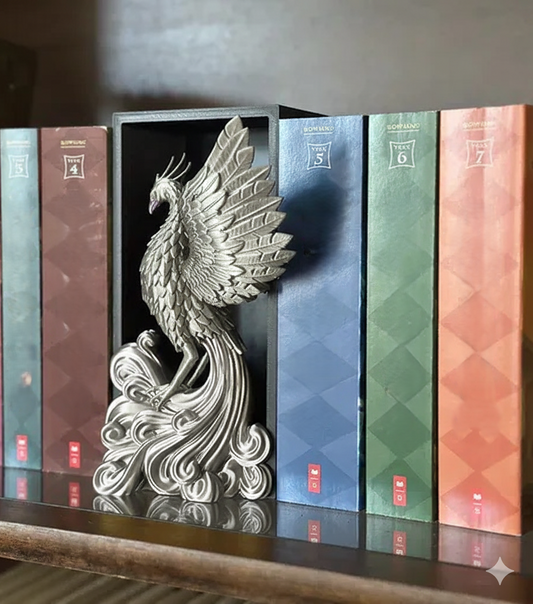 Mythical phoenix book nook with colorful bookshelf - PLA resin miniature for Indian book lovers