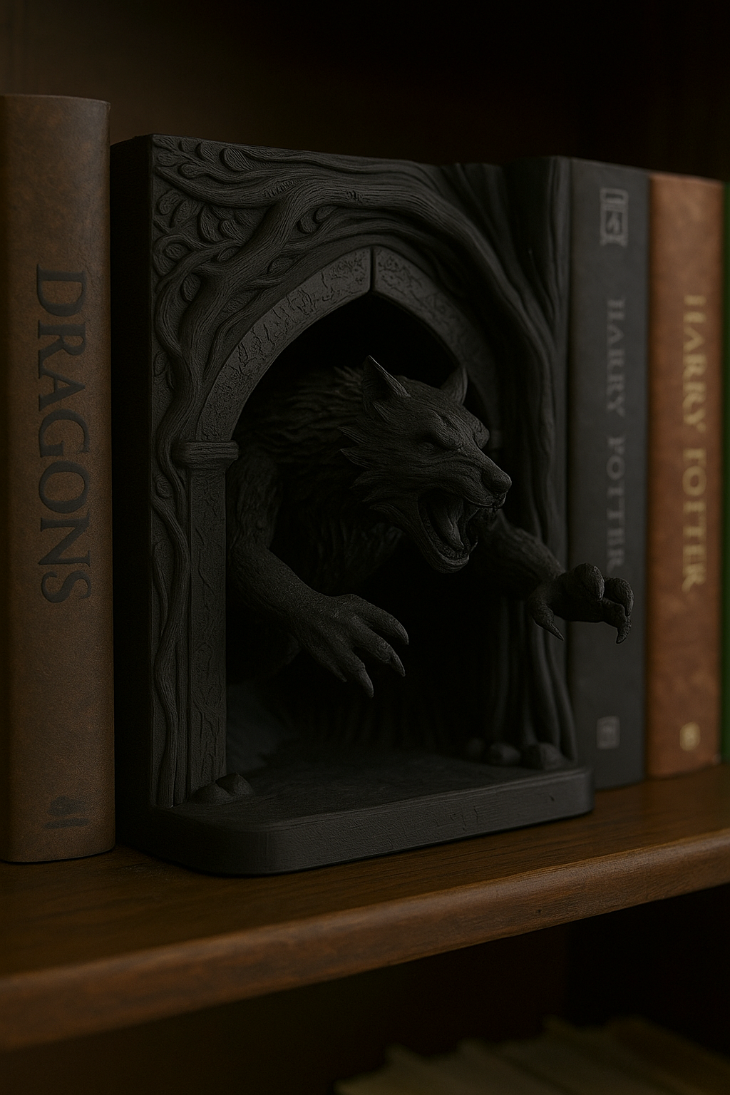 Fierce Werewolf Bookend – Midnight Black Gothic Shelf Decor