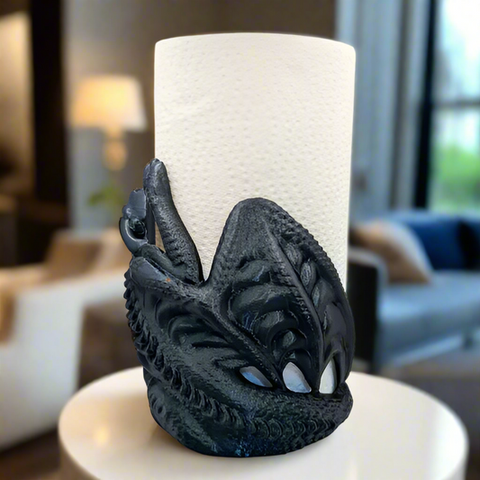 Black dragon-shaped PLA resin paper towel holder for Indian kitchen counters