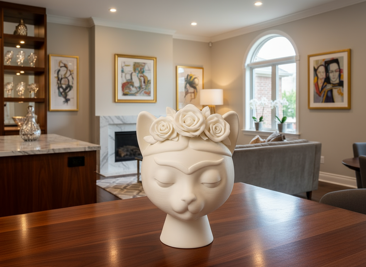 Flower crowned white cat sculpture artistic home decor