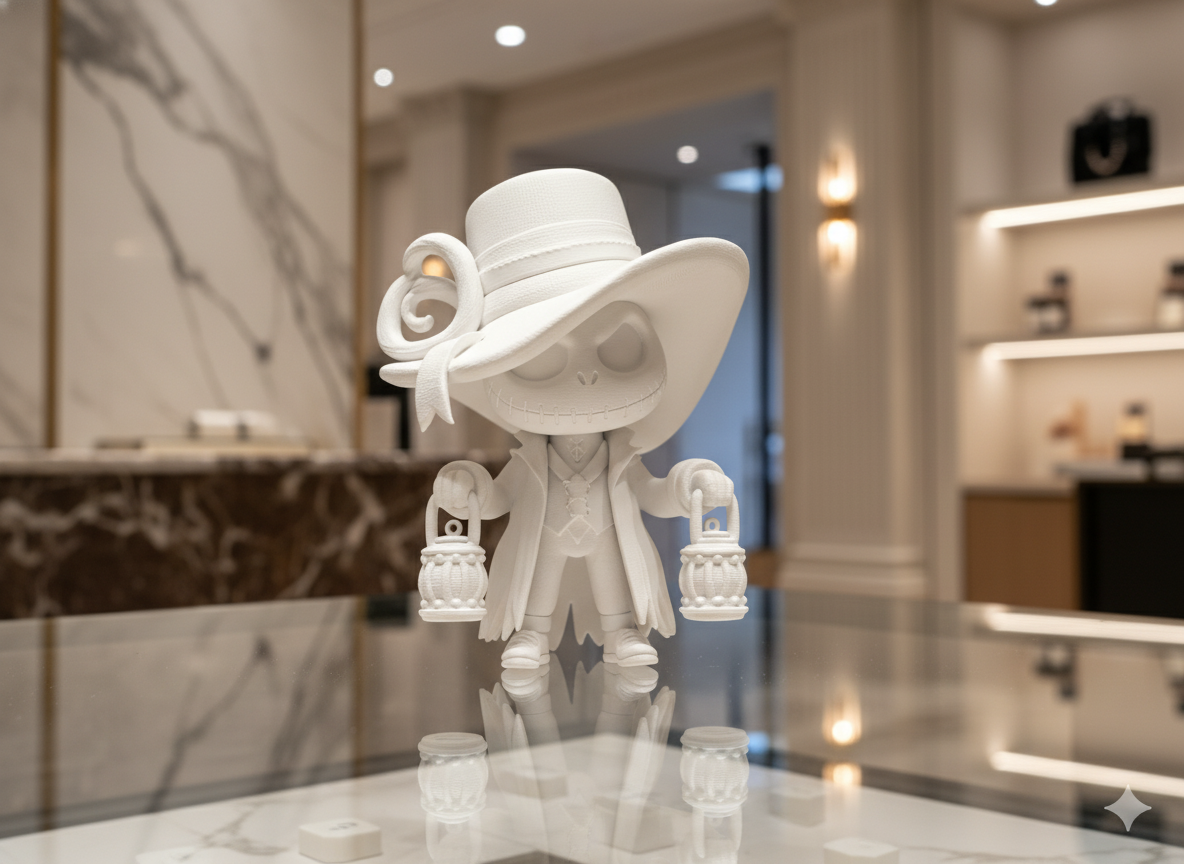White figurine with a hat on a reflective surface in a modern kitchen.