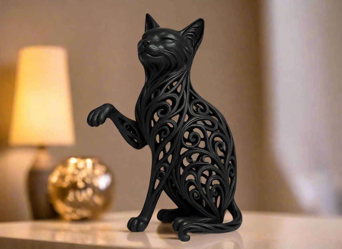 Elegant Cat Figurine – Graceful Feline with Raised Paw