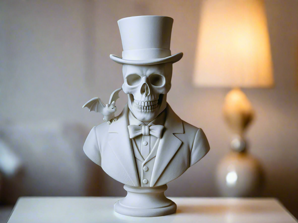 White gentleman skull bust with top hat, suit jacket, and bat accent for gothic home decor