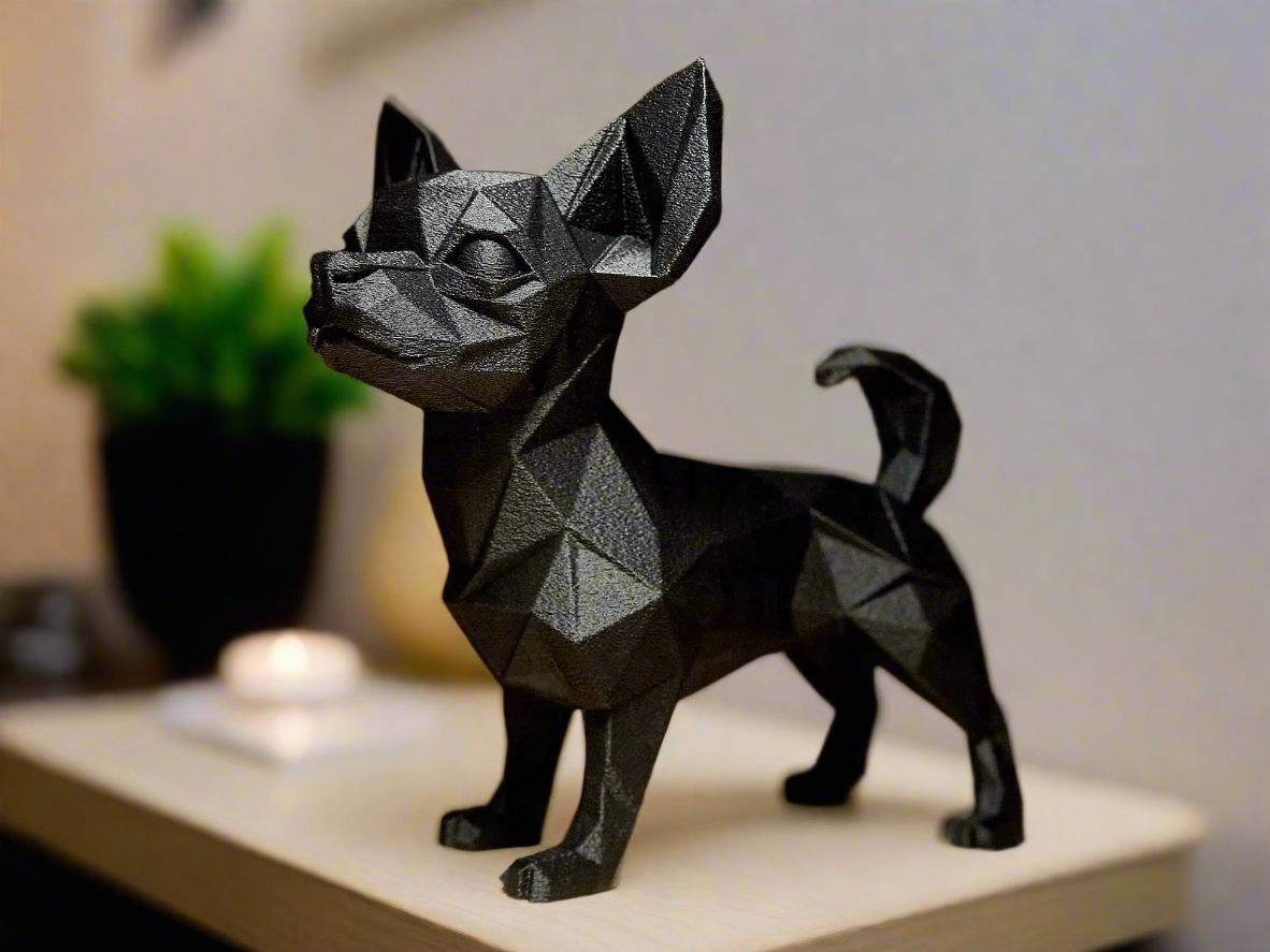 Geometric black Chihuahua low poly PLA resin sculpture - bold minimalist dog figurine for Indian homes
