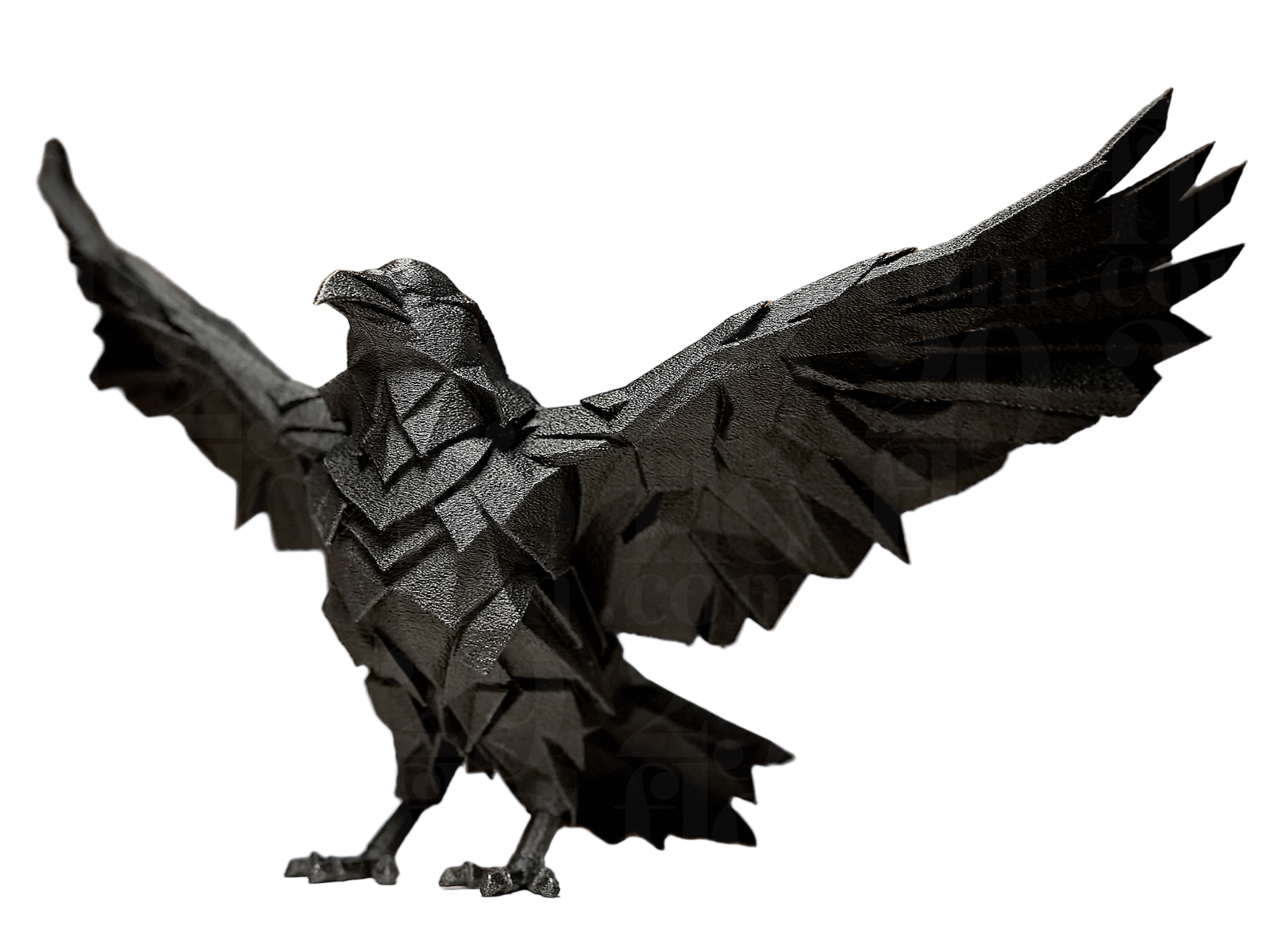 Geometric raven statuette back view with wings fully spread showing complete wing structure and geometric details