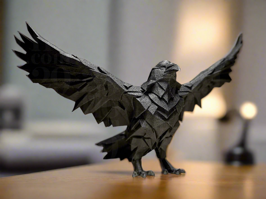 Geometric raven statuette with wings spread - modern minimalist PLA resin sculpture with sharp edges and black finish for contemporary Indian home decor