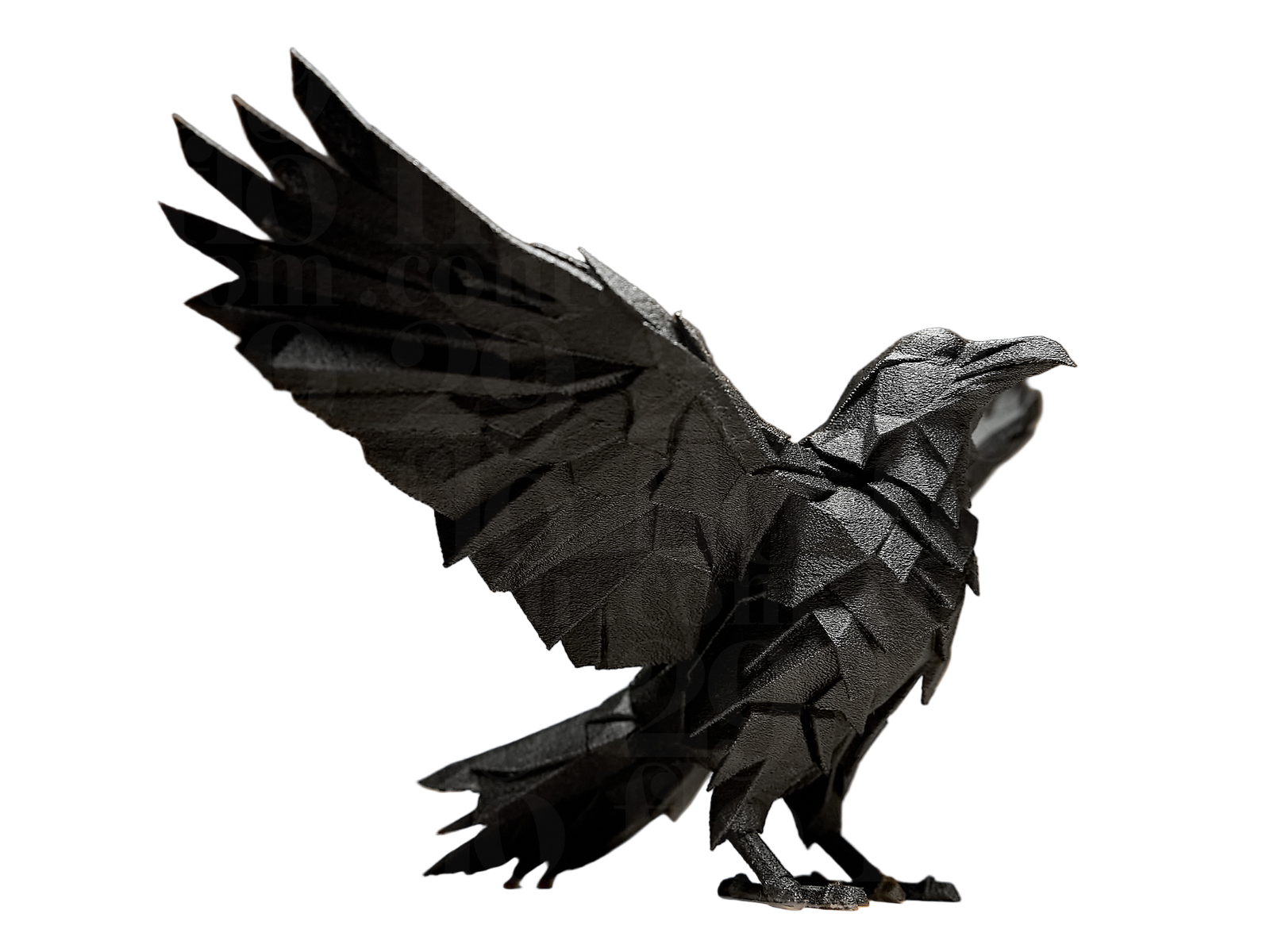 Geometric raven statuette quarter view angle showing raised wing and full sculptural form with sharp geometric details