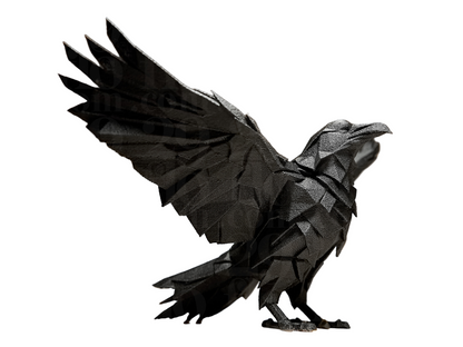 Geometric raven statuette quarter view angle showing raised wing and full sculptural form with sharp geometric details