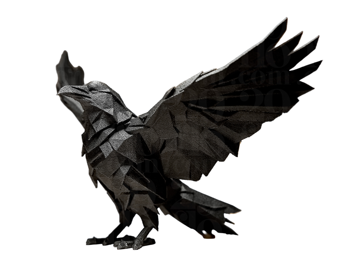 Geometric raven statuette side angle showing full body profile with extended wing and head details on white background