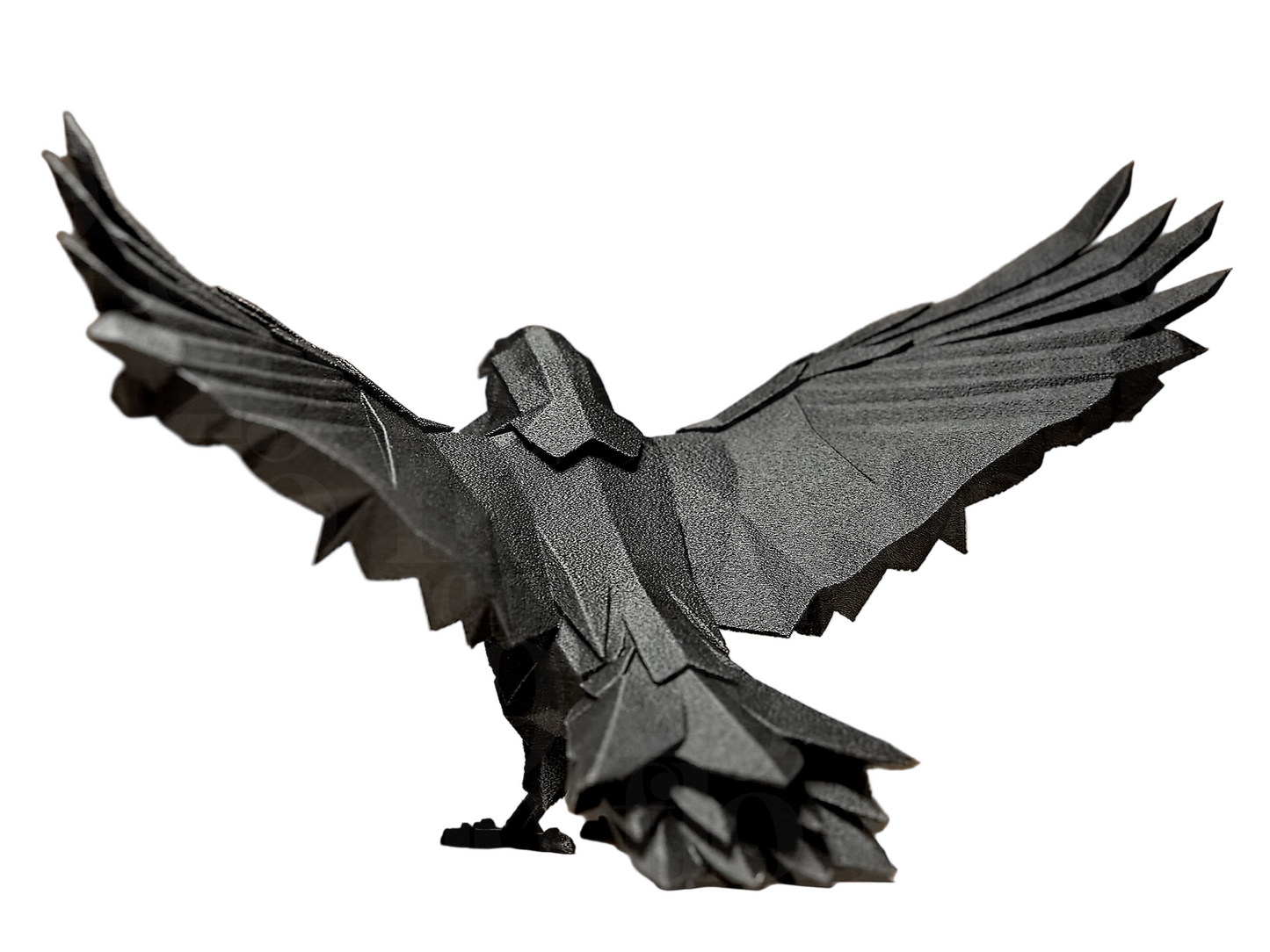 Geometric raven statuette front view showing intricately detailed wings and angular features on white background - modern minimalist sculpture