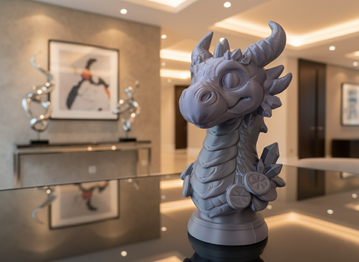 Gray dragon statue in a modern interior setting with artwork on the wall.