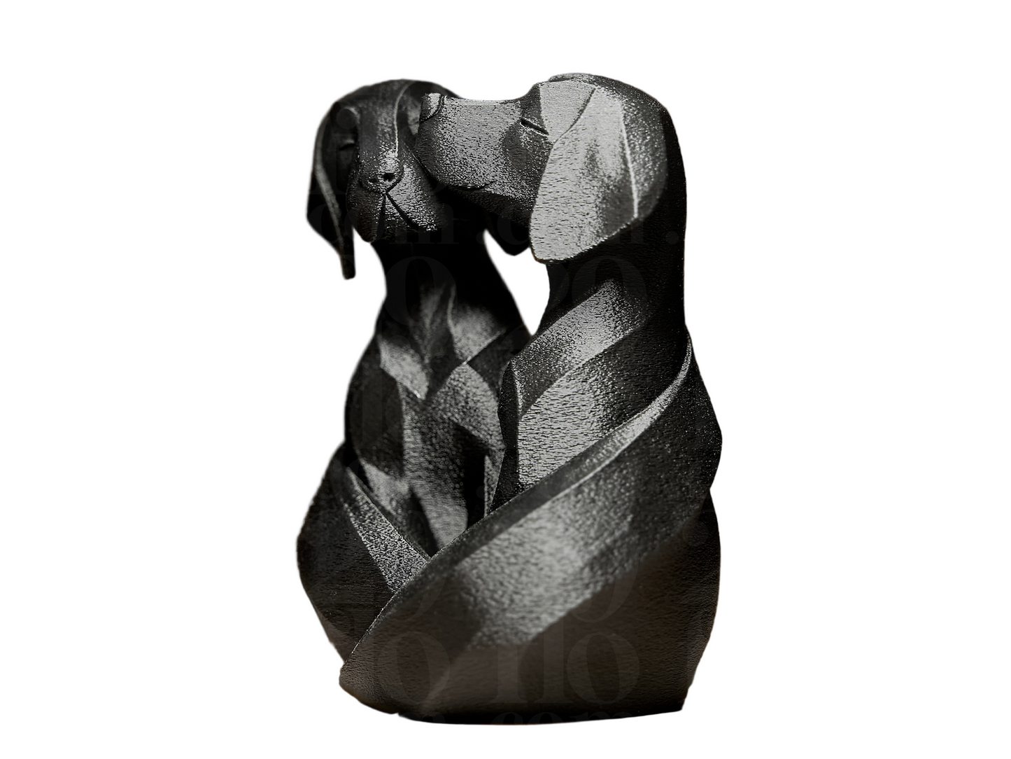 Side angle view of two Labradors couple nuzzling intimately PLA resin heartfelt dog sculpture