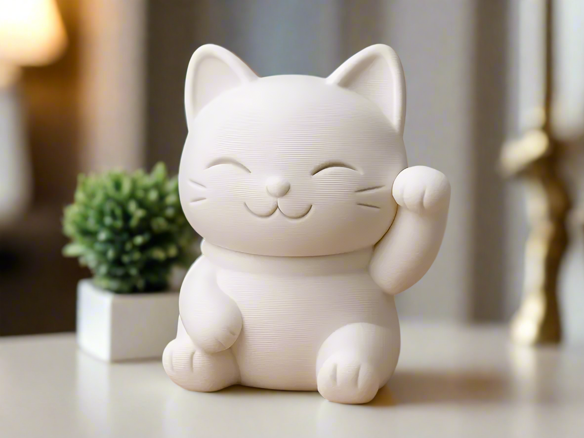 White PLA resin Maneki-Neko lucky cat figurine for Indian homes, symbol of prosperity and good fortune