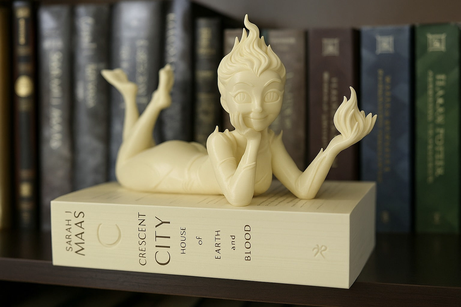 White figurine on a book with books in the background