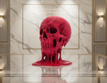 Red skull sculpture on a reflective surface with a marble wall background