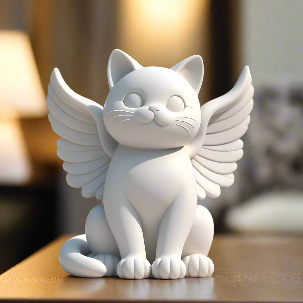 White cat figurine with wings on a blurred background