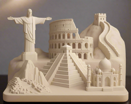 PLA resin mini sculptures of 7 Wonders for Indian homes, Great Pyramid Colosseum Christ Redeemer Taj Mahal landmarks