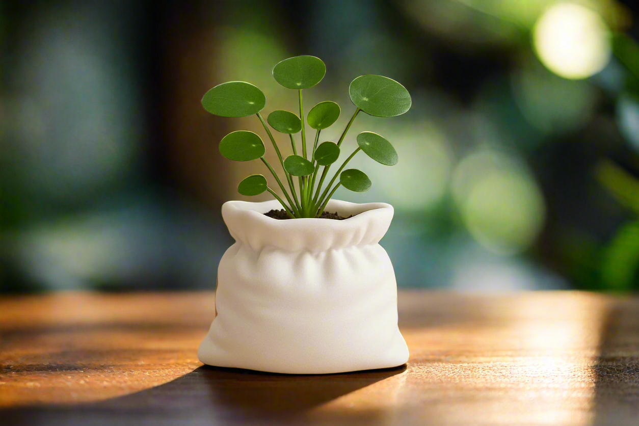 Small potted plant in white soft pouch vase fabric planter Scandinavian minimalist home decor