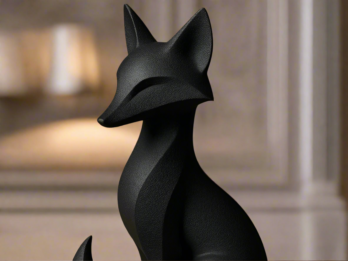 Black PLA resin stylized fox sculpture with sleek modern design for Indian homes and contemporary decor