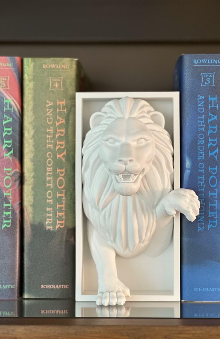 White lion head sculpture between literary books shelf decoration figurine