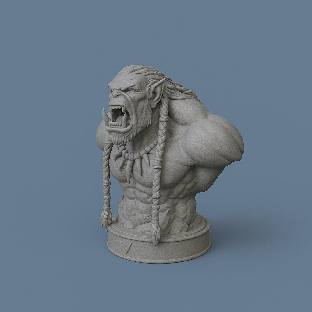 Gray statue of a muscular figure with a roaring expression 