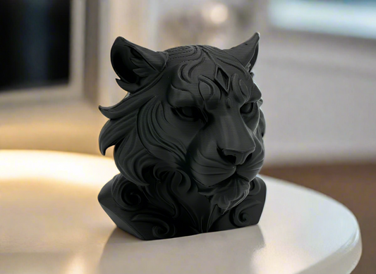 Majestic black tiger bust sculpture with fierce expression - symbol of strength and royal Indian wildlife art for homes and offices