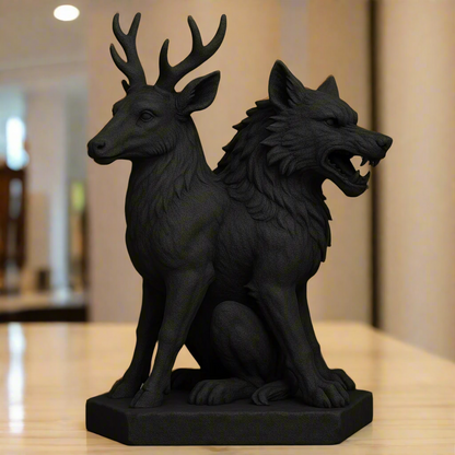 Twin-Beast Forest Sentinel dual-head wolf stag sculpture black resin figurine