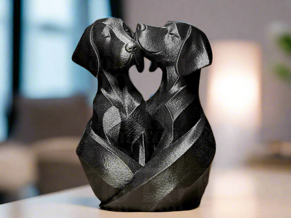 Two black Labradors in loving embrace PLA resin sculpture - heartfelt dog couple duo for Indian homes