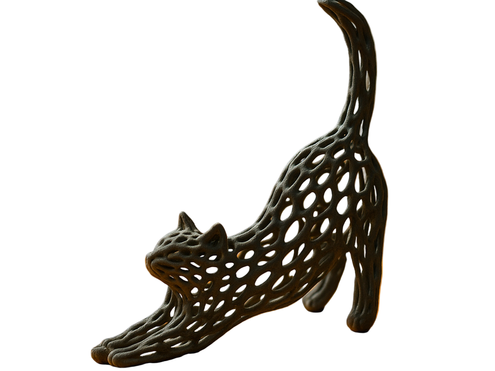 Side view of black Voronoi cat sculpture with geometric lattice pattern on white background