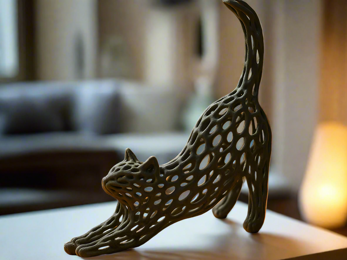 Black Voronoi cat art sculpture in geometric PLA resin with mathematical pattern design