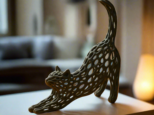Black Voronoi cat art sculpture in geometric PLA resin with mathematical pattern design