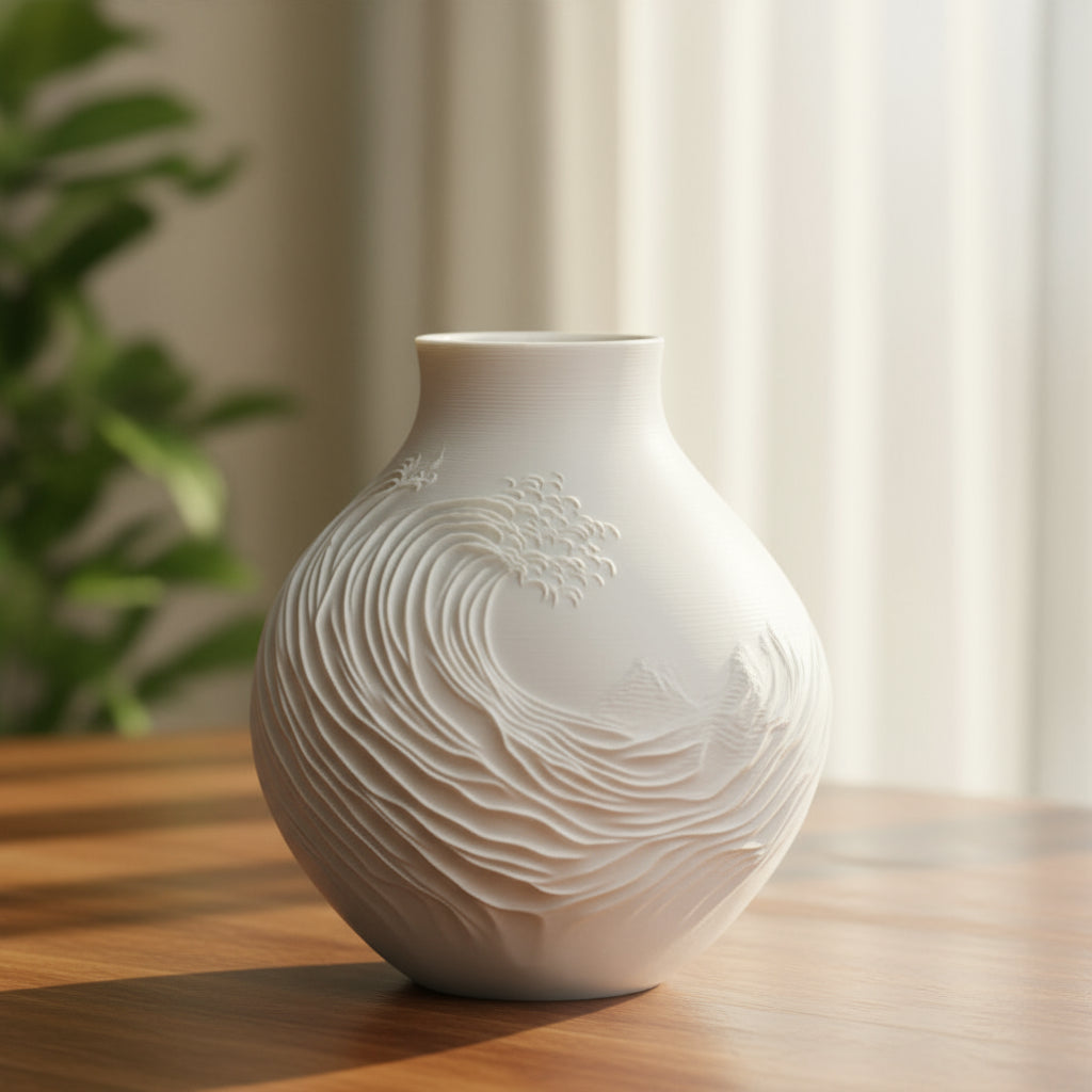 Wave  sculptural polyresin decorative vase in neutral tone, styled on a console table without flowers